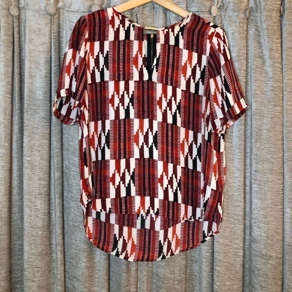 Michael Michael Kors Red & Cream Southwestern Print Sheer Short Sleeve Top Small - Picture 2 of 13